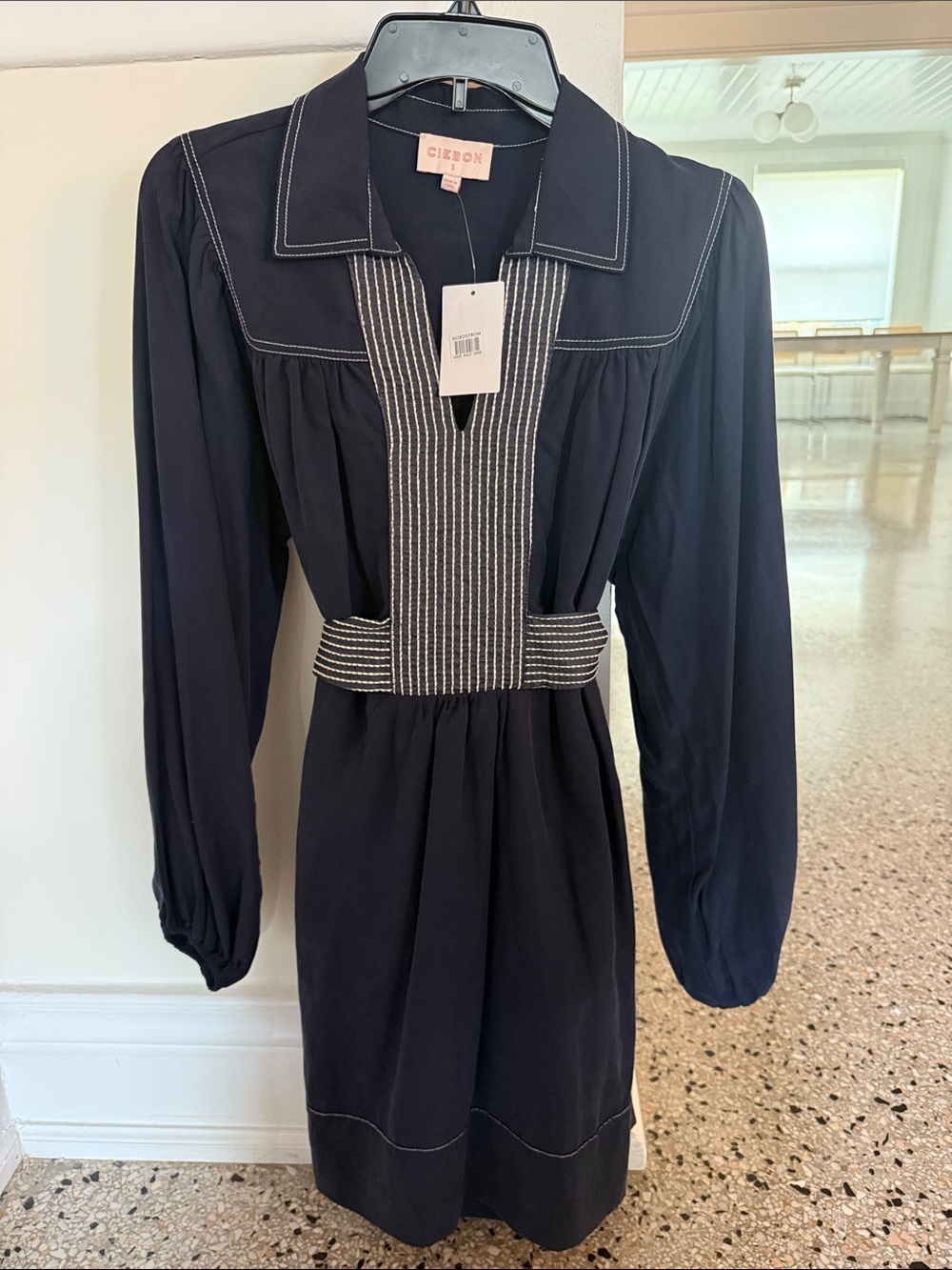 Nordstrom Navy Long-Sleeve Contrast Stitch Dress